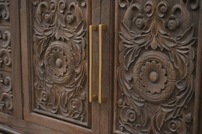 106" Brown Distressed Solid Wood Carved Floral Three Drawer Sideboard with Four Doors HomeRoots