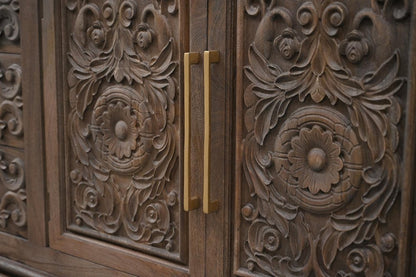 106" Brown Distressed Solid Wood Carved Floral Three Drawer Sideboard with Four Doors HomeRoots