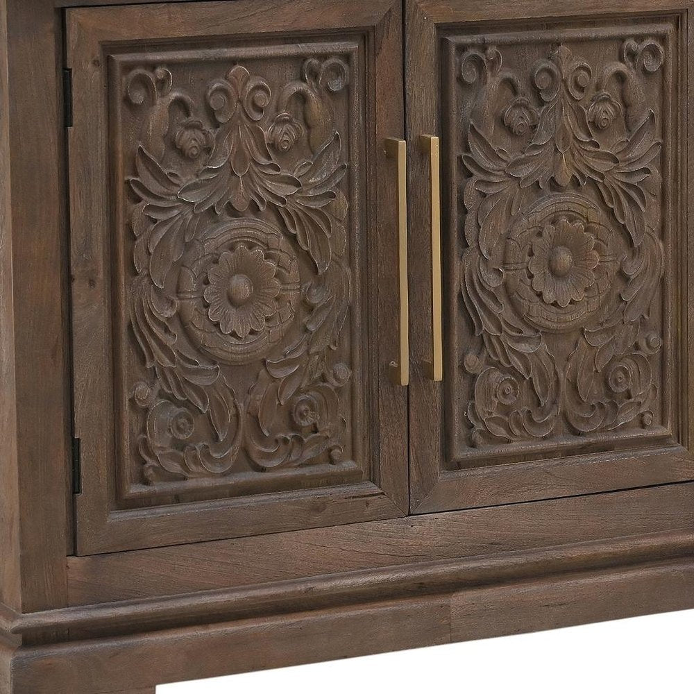 106" Brown Distressed Solid Wood Carved Floral Three Drawer Sideboard with Four Doors HomeRoots