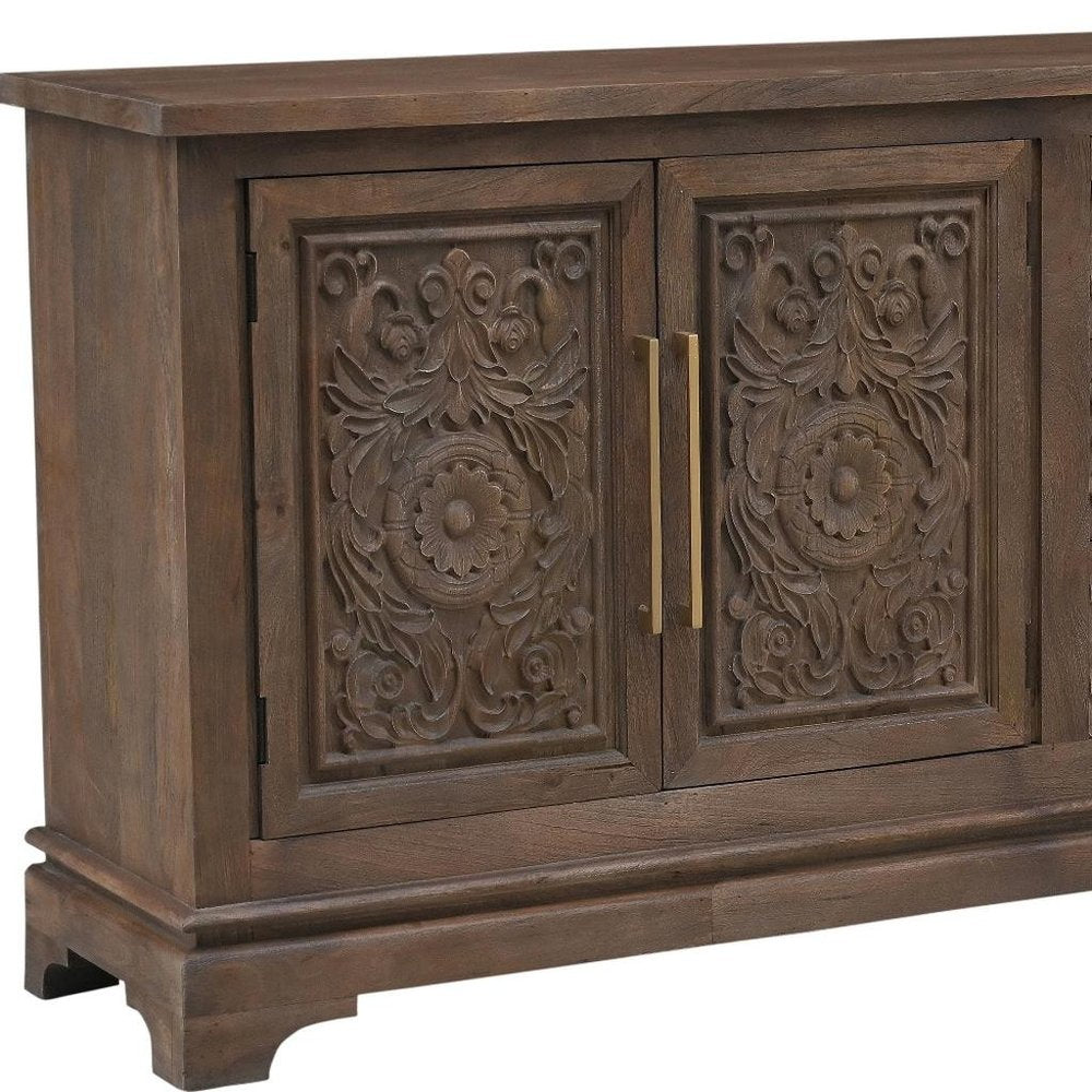 106" Brown Distressed Solid Wood Carved Floral Three Drawer Sideboard with Four Doors HomeRoots