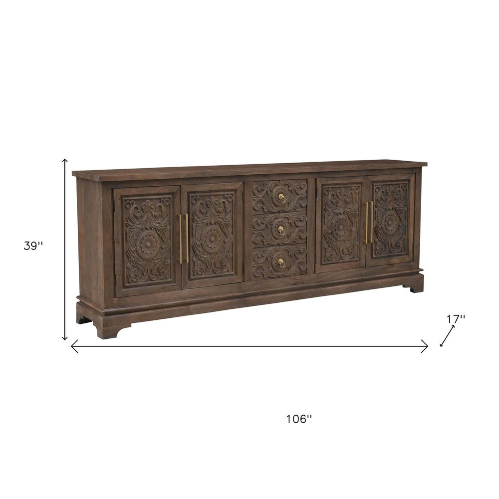 106" Brown Distressed Solid Wood Carved Floral Three Drawer Sideboard with Four Doors HomeRoots
