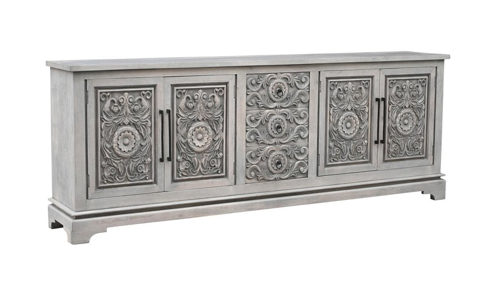 106" Gray Distressed Solid Wood Carved Floral Three Drawer Sideboard with Four Doors HomeRoots