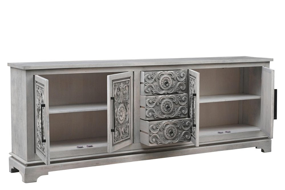 106" Gray Distressed Solid Wood Carved Floral Three Drawer Sideboard with Four Doors HomeRoots