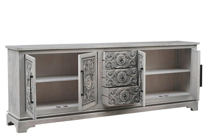 106" Gray Distressed Solid Wood Carved Floral Three Drawer Sideboard with Four Doors HomeRoots