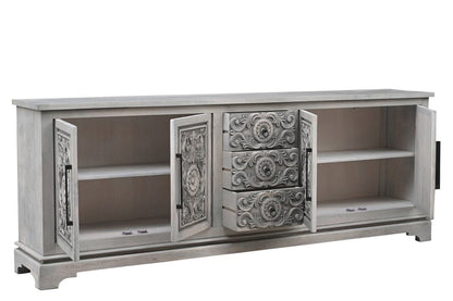 106" Gray Distressed Solid Wood Carved Floral Three Drawer Sideboard with Four Doors HomeRoots
