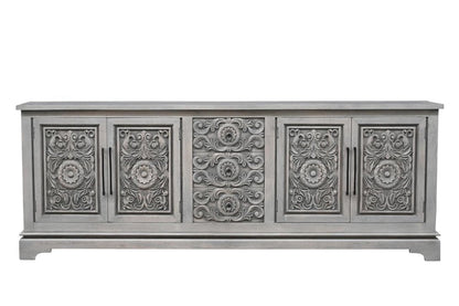 106" Gray Distressed Solid Wood Carved Floral Three Drawer Sideboard with Four Doors HomeRoots
