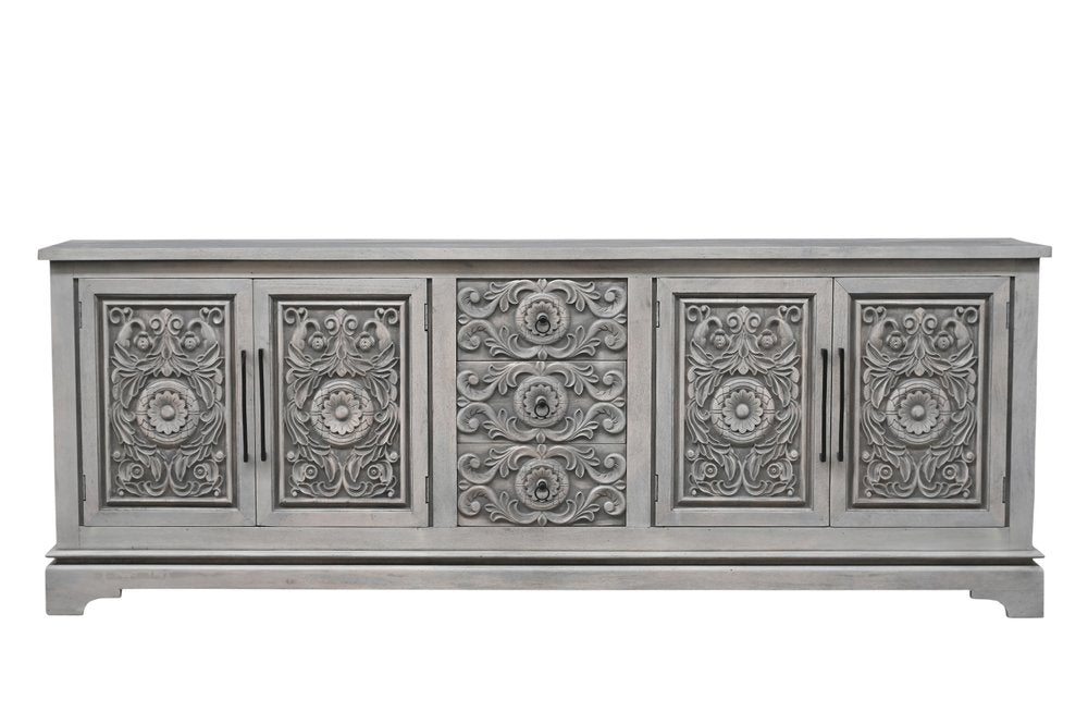 106" Gray Distressed Solid Wood Carved Floral Three Drawer Sideboard with Four Doors HomeRoots