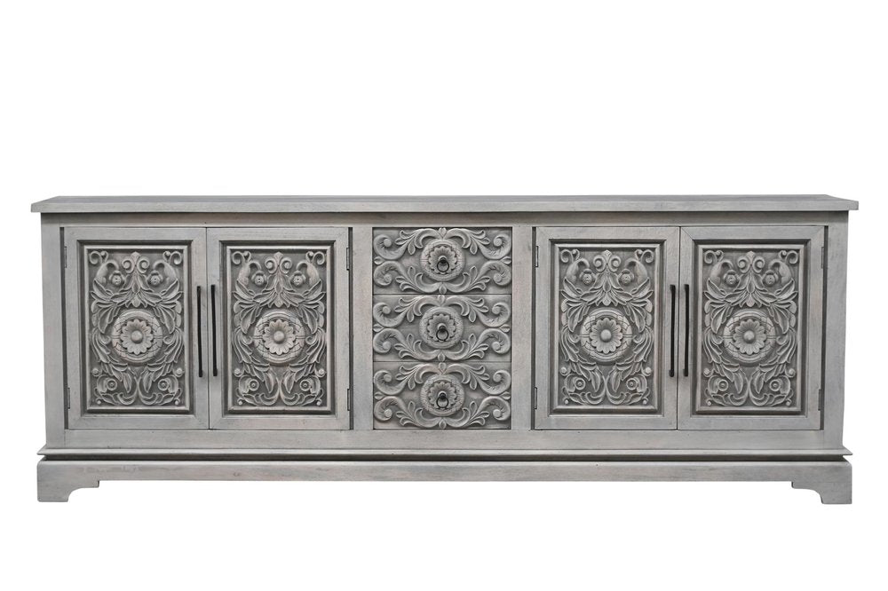 106" Gray Distressed Solid Wood Carved Floral Three Drawer Sideboard with Four Doors HomeRoots