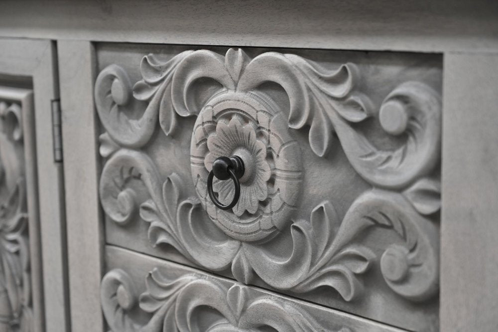 106" Gray Distressed Solid Wood Carved Floral Three Drawer Sideboard with Four Doors HomeRoots