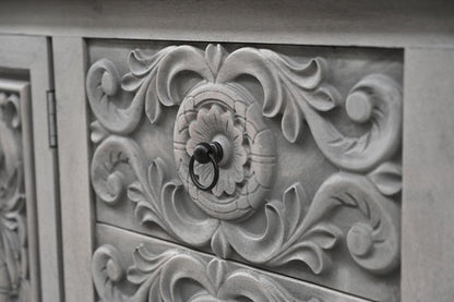 106" Gray Distressed Solid Wood Carved Floral Three Drawer Sideboard with Four Doors HomeRoots