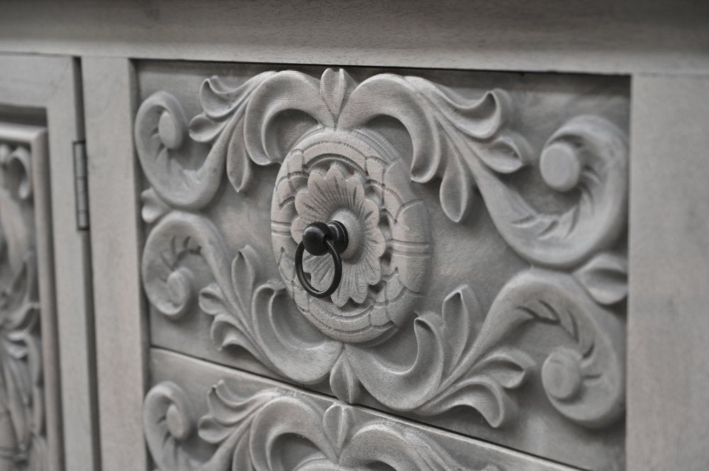 106" Gray Distressed Solid Wood Carved Floral Three Drawer Sideboard with Four Doors HomeRoots