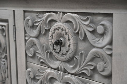 106" Gray Distressed Solid Wood Carved Floral Three Drawer Sideboard with Four Doors HomeRoots