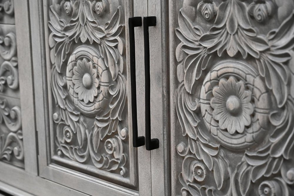 106" Gray Distressed Solid Wood Carved Floral Three Drawer Sideboard with Four Doors HomeRoots