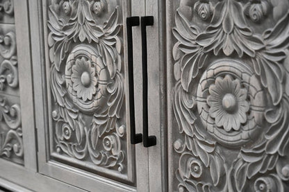 106" Gray Distressed Solid Wood Carved Floral Three Drawer Sideboard with Four Doors HomeRoots