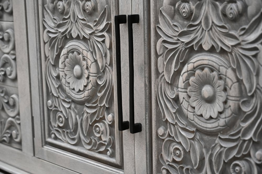 106" Gray Distressed Solid Wood Carved Floral Three Drawer Sideboard with Four Doors HomeRoots