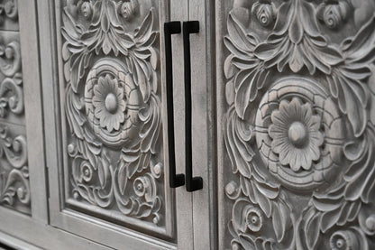 106" Gray Distressed Solid Wood Carved Floral Three Drawer Sideboard with Four Doors HomeRoots