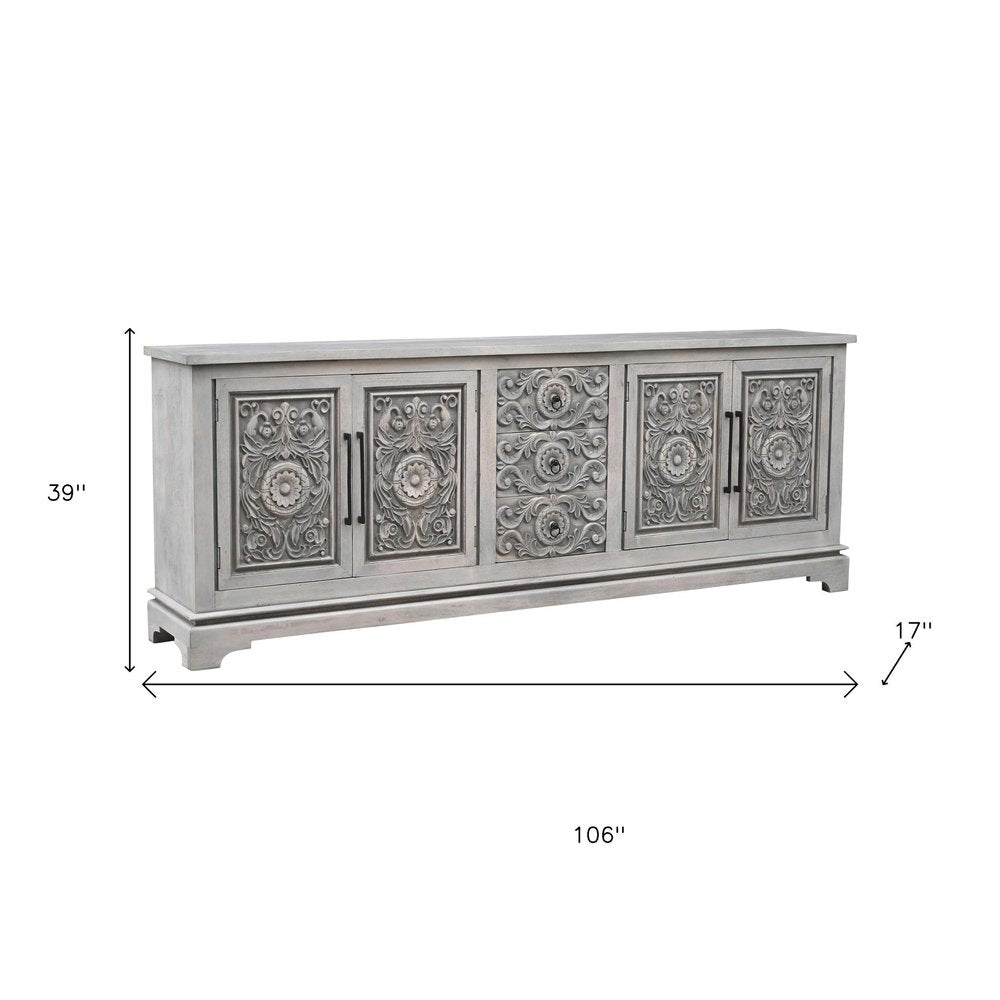 106" Gray Distressed Solid Wood Carved Floral Three Drawer Sideboard with Four Doors HomeRoots