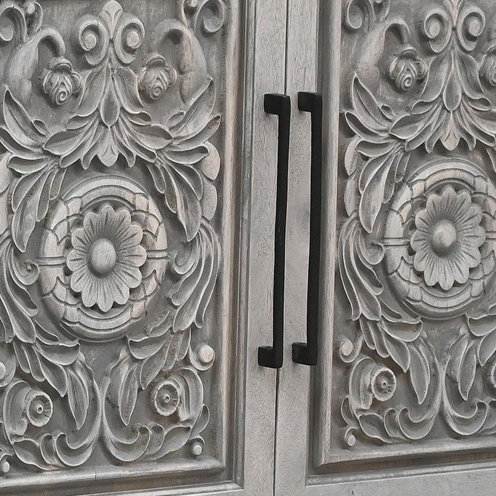 106" Gray Distressed Solid Wood Carved Floral Three Drawer Sideboard with Four Doors HomeRoots