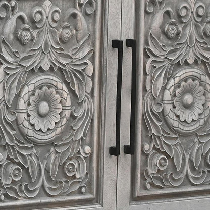 106" Gray Distressed Solid Wood Carved Floral Three Drawer Sideboard with Four Doors HomeRoots