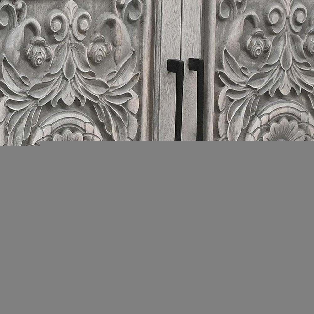 106" Gray Distressed Solid Wood Carved Floral Three Drawer Sideboard with Four Doors HomeRoots