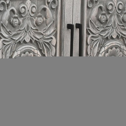 106" Gray Distressed Solid Wood Carved Floral Three Drawer Sideboard with Four Doors HomeRoots