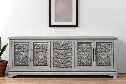 106" Gray Distressed Solid Wood Carved Floral Three Drawer Sideboard with Four Doors HomeRoots