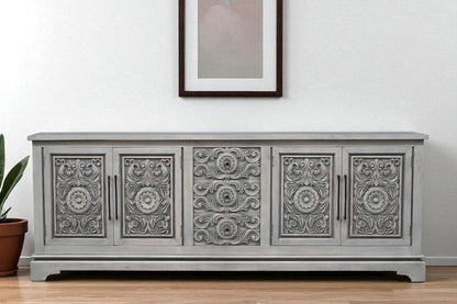 106" Gray Distressed Solid Wood Carved Floral Three Drawer Sideboard with Four Doors HomeRoots