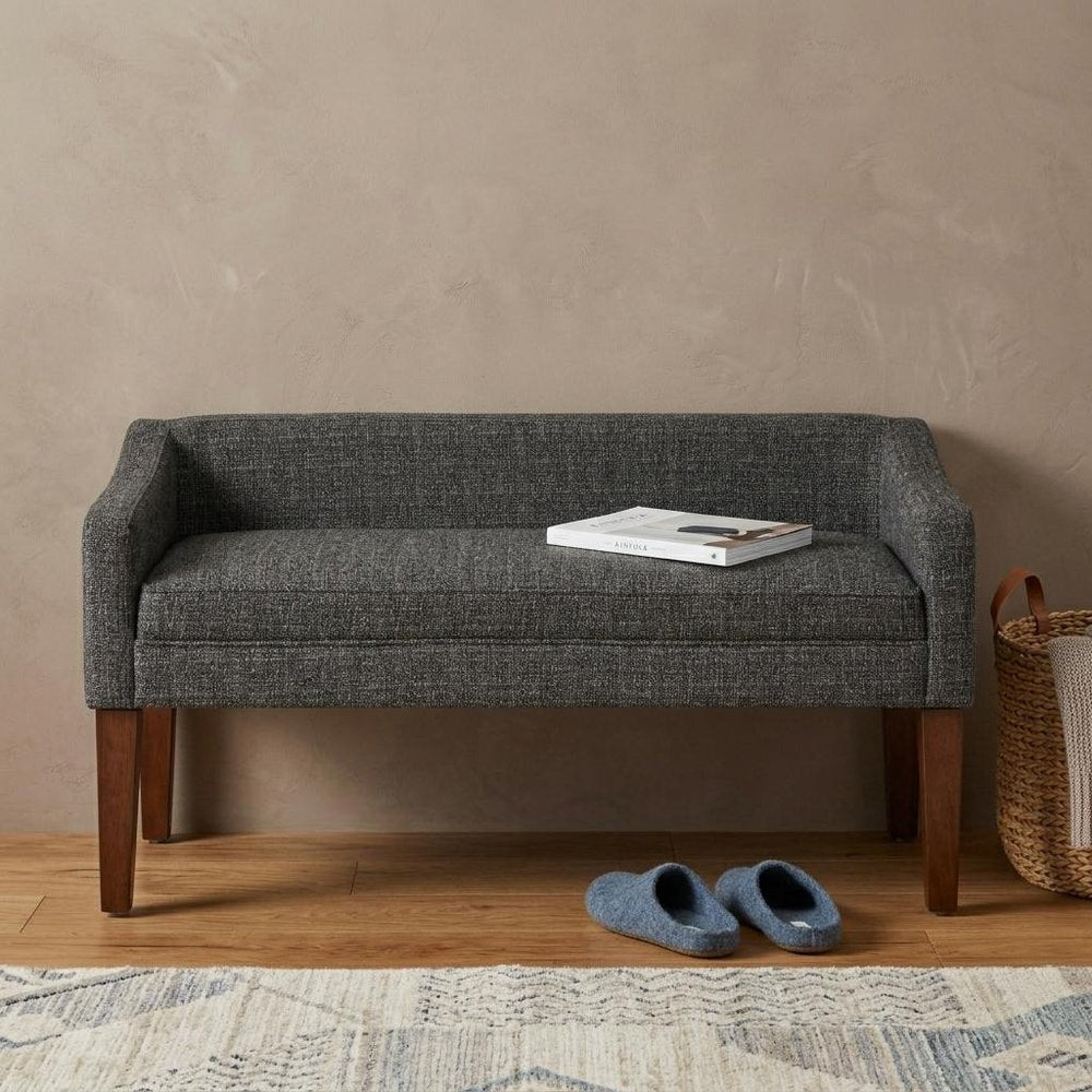 50" Dark Gray And Brown Fabric And Wood Upholstered Bench — view 8