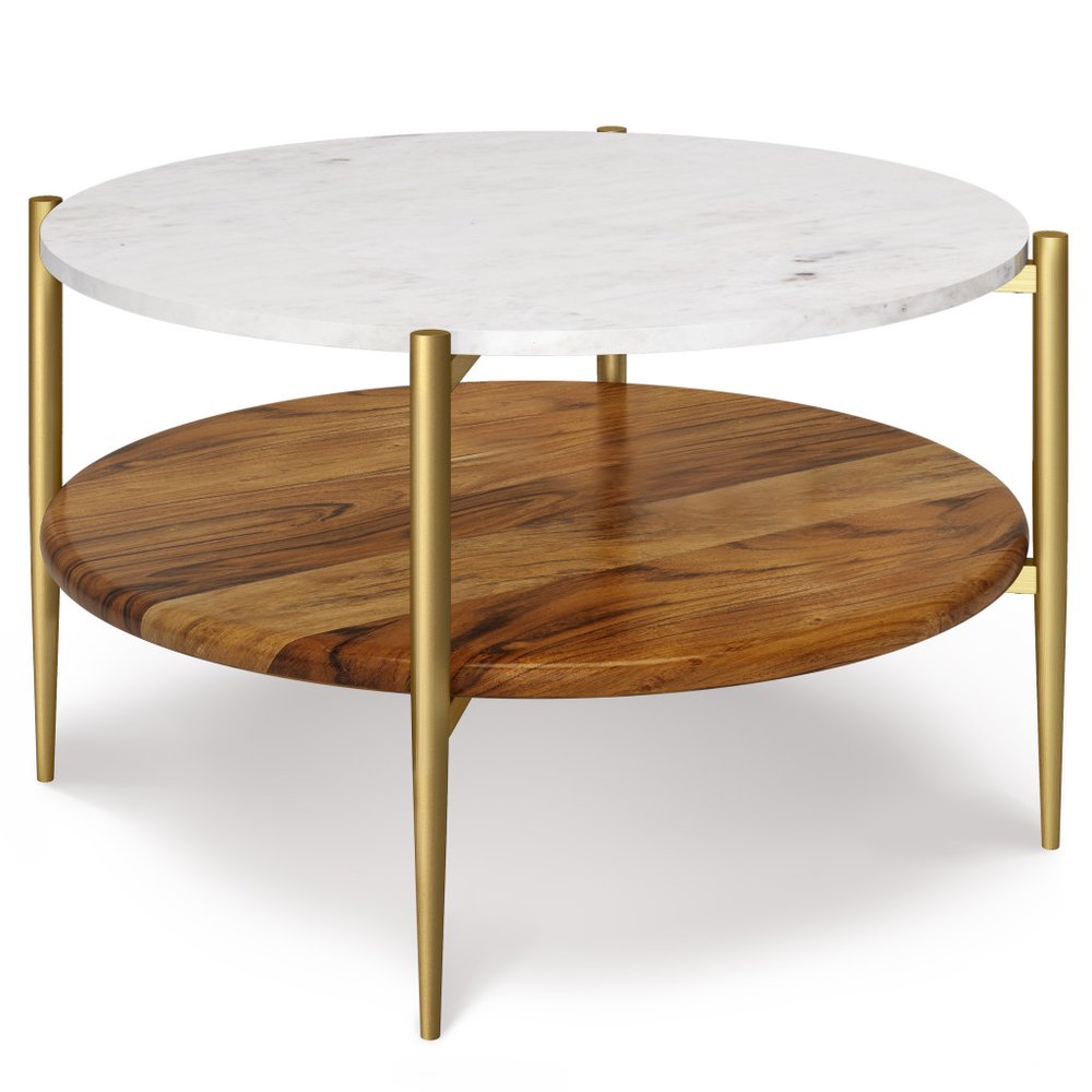 17" White Gold And Natural Marble Aluminum And Solid Wood Round End Table With Shelf — view 1
