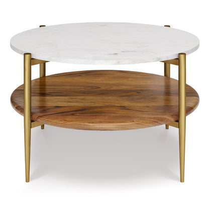 17" White Gold And Natural Marble Aluminum And Solid Wood Round End Table With Shelf HomeRoots