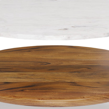 17" White Antiqued Brass And Natural Marble Iron And Solid Wood Round End Table With Shelf