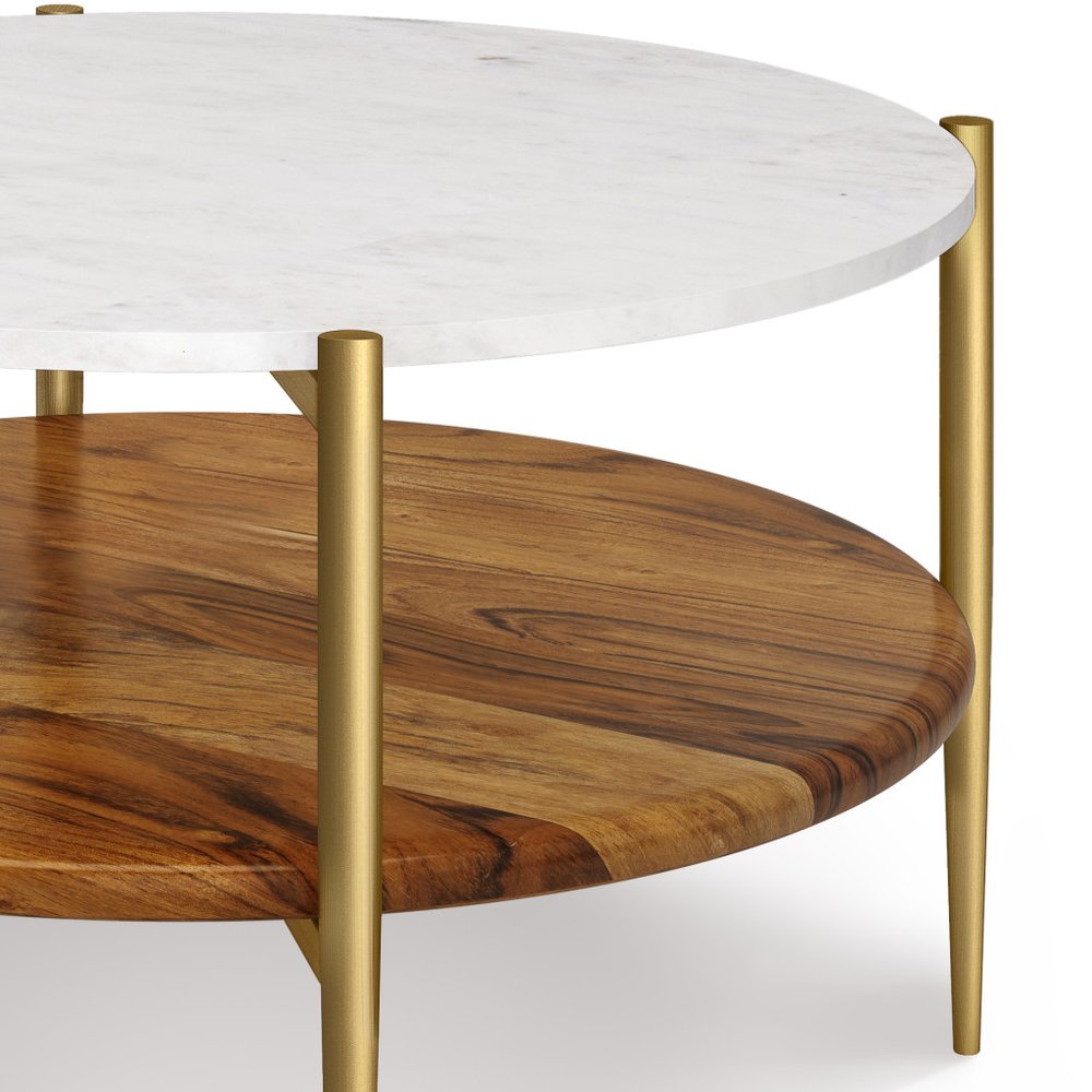 17" White Antiqued Brass And Natural Marble Iron And Solid Wood Round End Table With Shelf — view 4