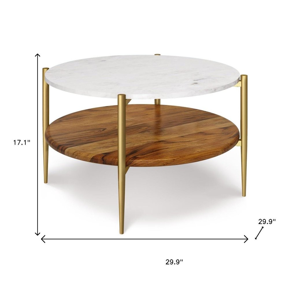 17" White Gold And Natural Marble Aluminum And Solid Wood Round End Table With Shelf — view 5