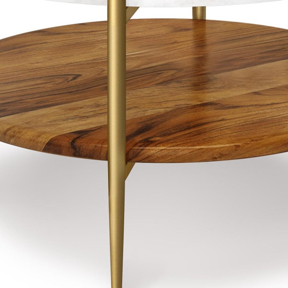17" White Gold And Natural Marble Aluminum And Solid Wood Round End Table With Shelf HomeRoots