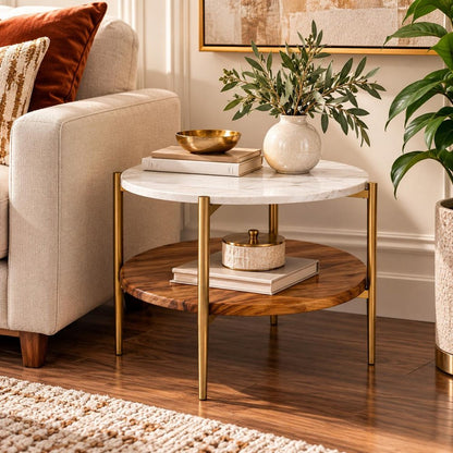 17" White Antiqued Brass And Natural Marble Iron And Solid Wood Round End Table With Shelf