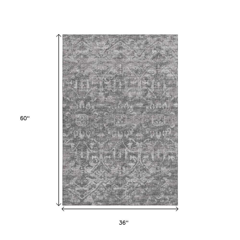 3' X 5' Charcoal And Ivory Damask Washable Indoor Outdoor Area Rug HomeRoots