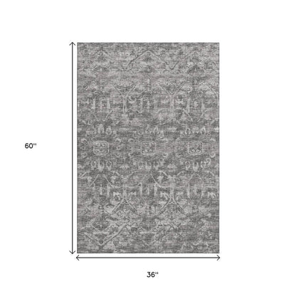 3' X 5' Charcoal And Ivory Damask Washable Indoor Outdoor Area Rug HomeRoots