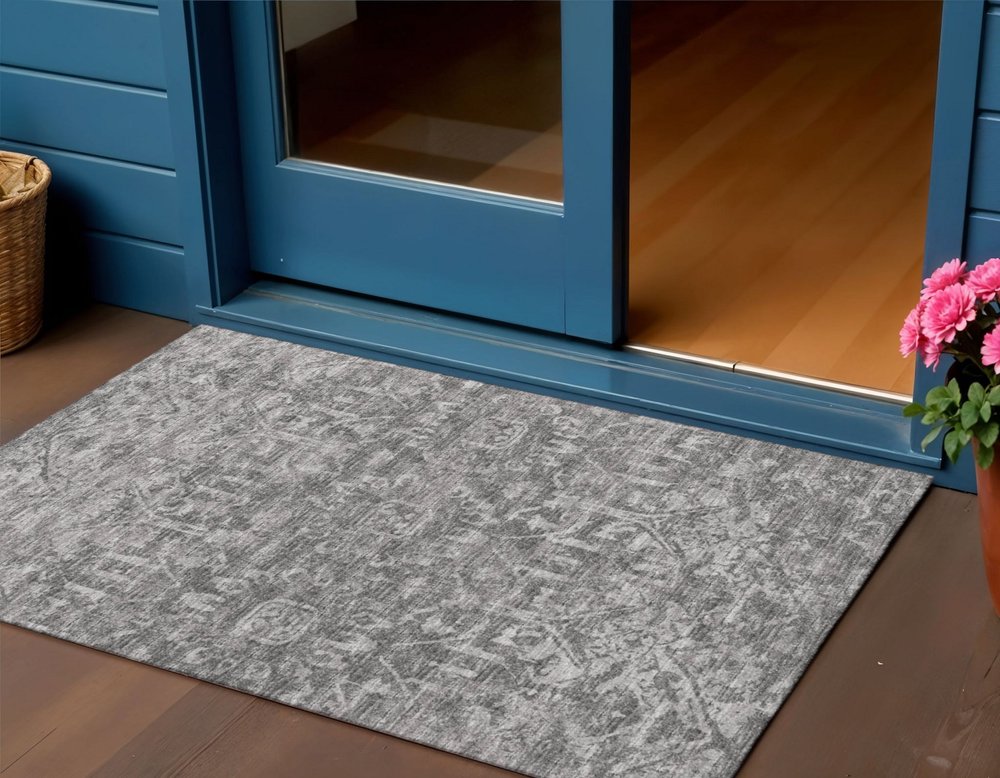 3' X 5' Charcoal And Ivory Damask Washable Indoor Outdoor Area Rug HomeRoots