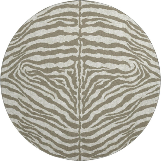 8' Taupe And Ivory Round Zebra Print Washable Indoor Outdoor Area Rug