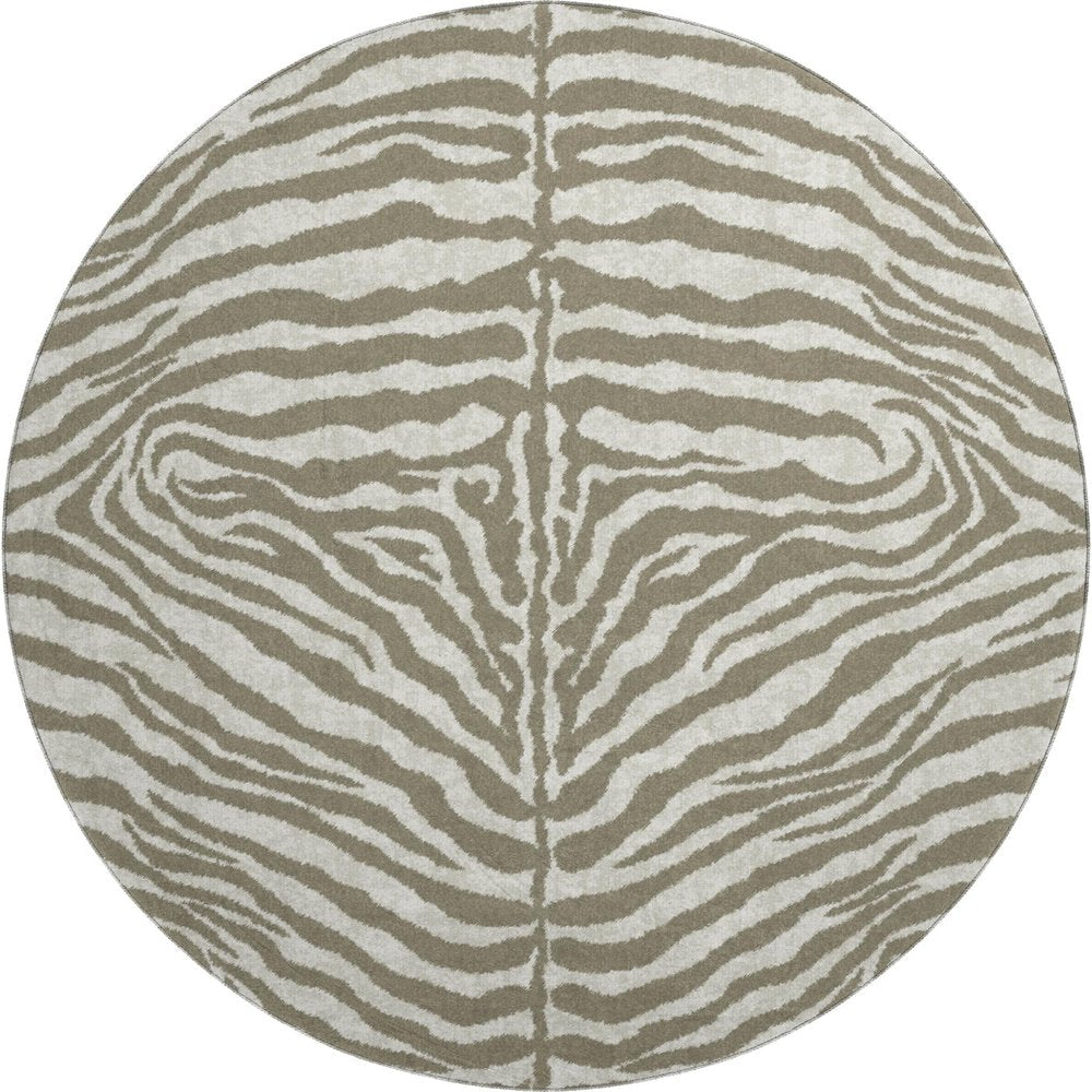 8' Taupe And Ivory Round Zebra Print Washable Indoor Outdoor Area Rug HomeRoots