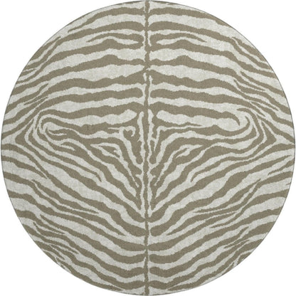 8' Taupe And Ivory Round Zebra Print Washable Indoor Outdoor Area Rug HomeRoots