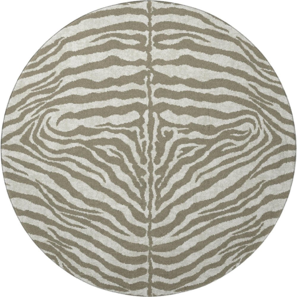 8' Taupe And Ivory Round Zebra Print Washable Indoor Outdoor Area Rug HomeRoots