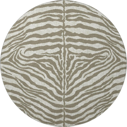 8' Taupe And Ivory Round Zebra Print Washable Indoor Outdoor Area Rug HomeRoots