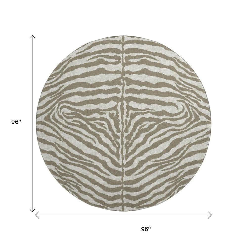 8' Taupe And Ivory Round Zebra Print Washable Indoor Outdoor Area Rug — view 4