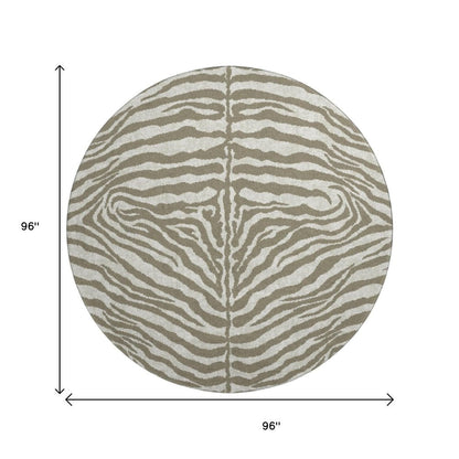 8' Taupe And Ivory Round Zebra Print Washable Indoor Outdoor Area Rug HomeRoots