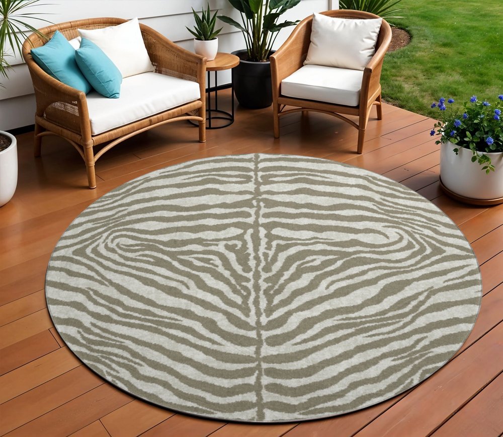 8' Taupe And Ivory Round Zebra Print Washable Indoor Outdoor Area Rug HomeRoots