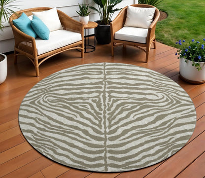 8' Taupe And Ivory Round Zebra Print Washable Indoor Outdoor Area Rug HomeRoots