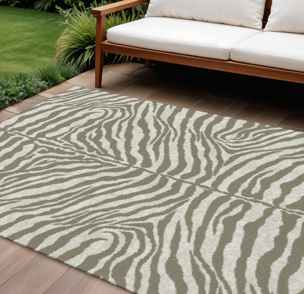 8' Taupe And Ivory Round Zebra Print Washable Indoor Outdoor Area Rug — view 11
