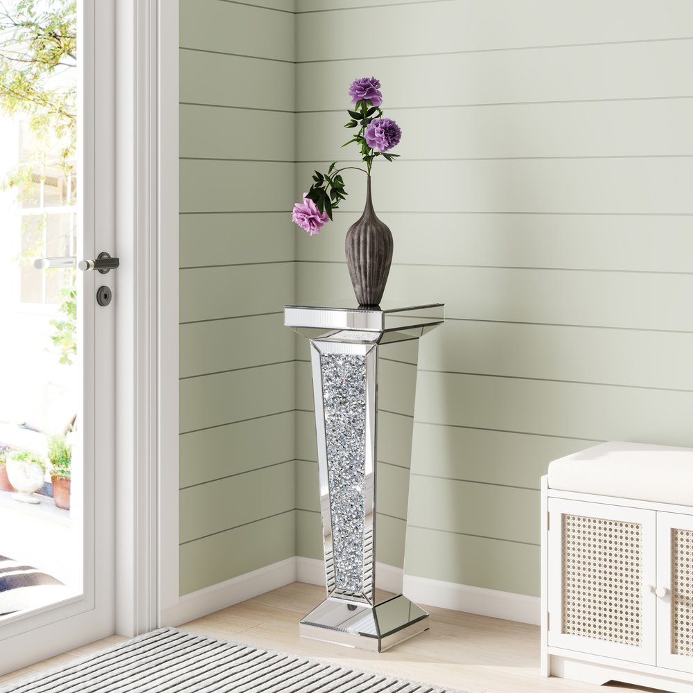 35" Silver Mirrored Glass And Faux Crystals Pedestal Accent Table HomeRoots