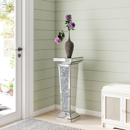 35" Silver Mirrored Glass And Faux Crystals Pedestal Accent Table HomeRoots